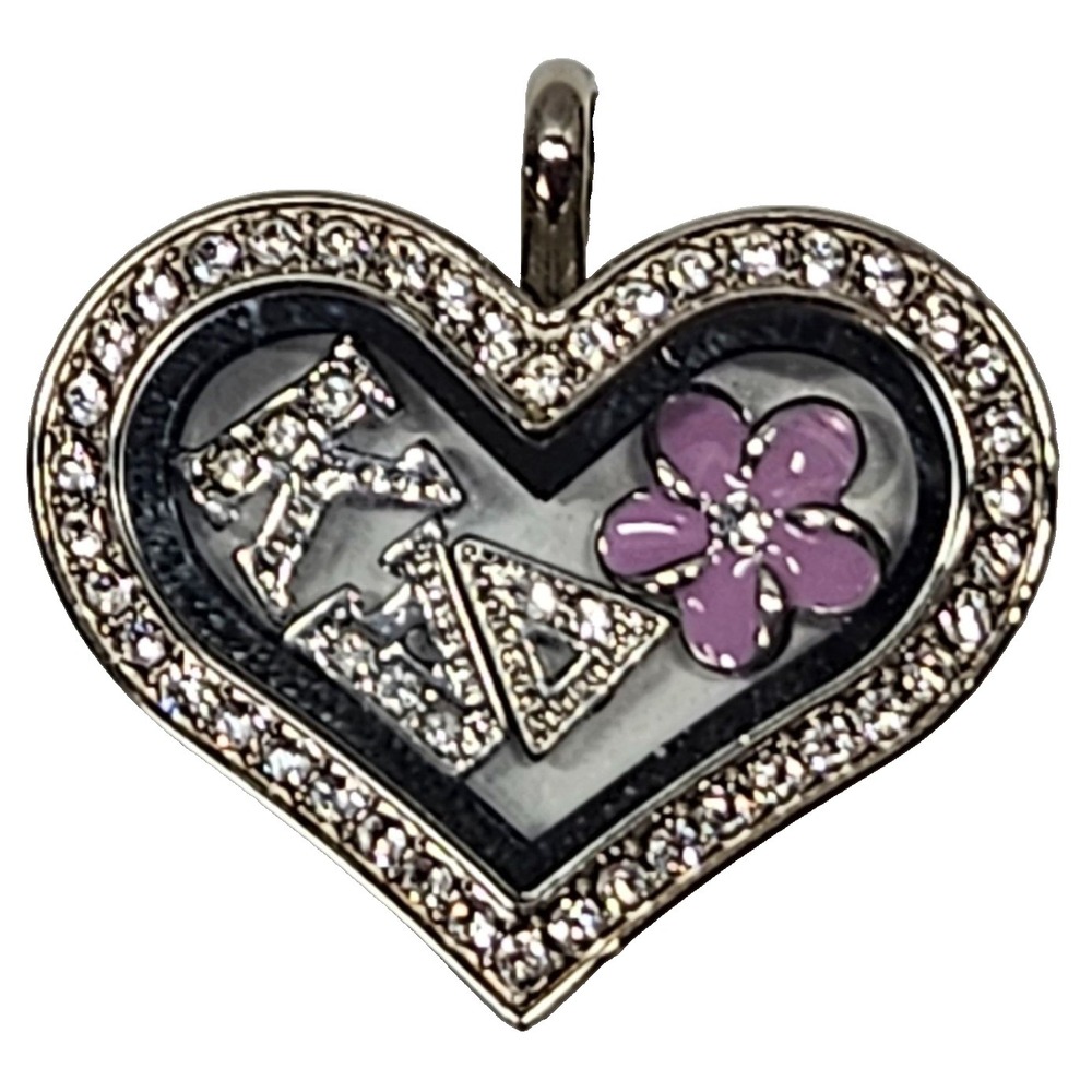 Origami Owl Heart Locket Pendant LOVE Rhinestone Crystal Frame Purple Flower